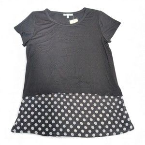 Ava James Black Short‎ Sleeve Top with Polka Dot Hem, M